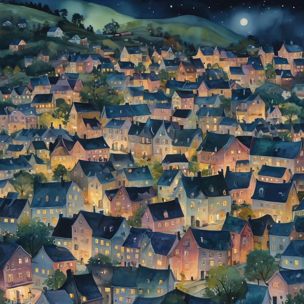 A village of scurvy houses with lit windows in pastel colors...