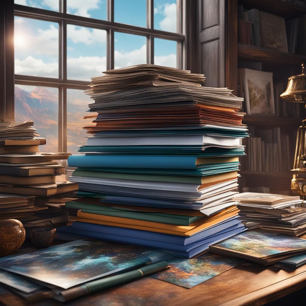 Art Catalogs Stacked on Desk: Detailed Matte Painting