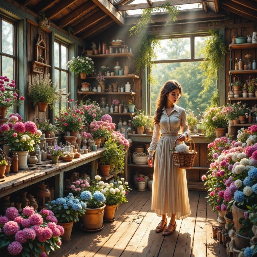 Woman Browsing Rustic Flower Barn in Storybook Style