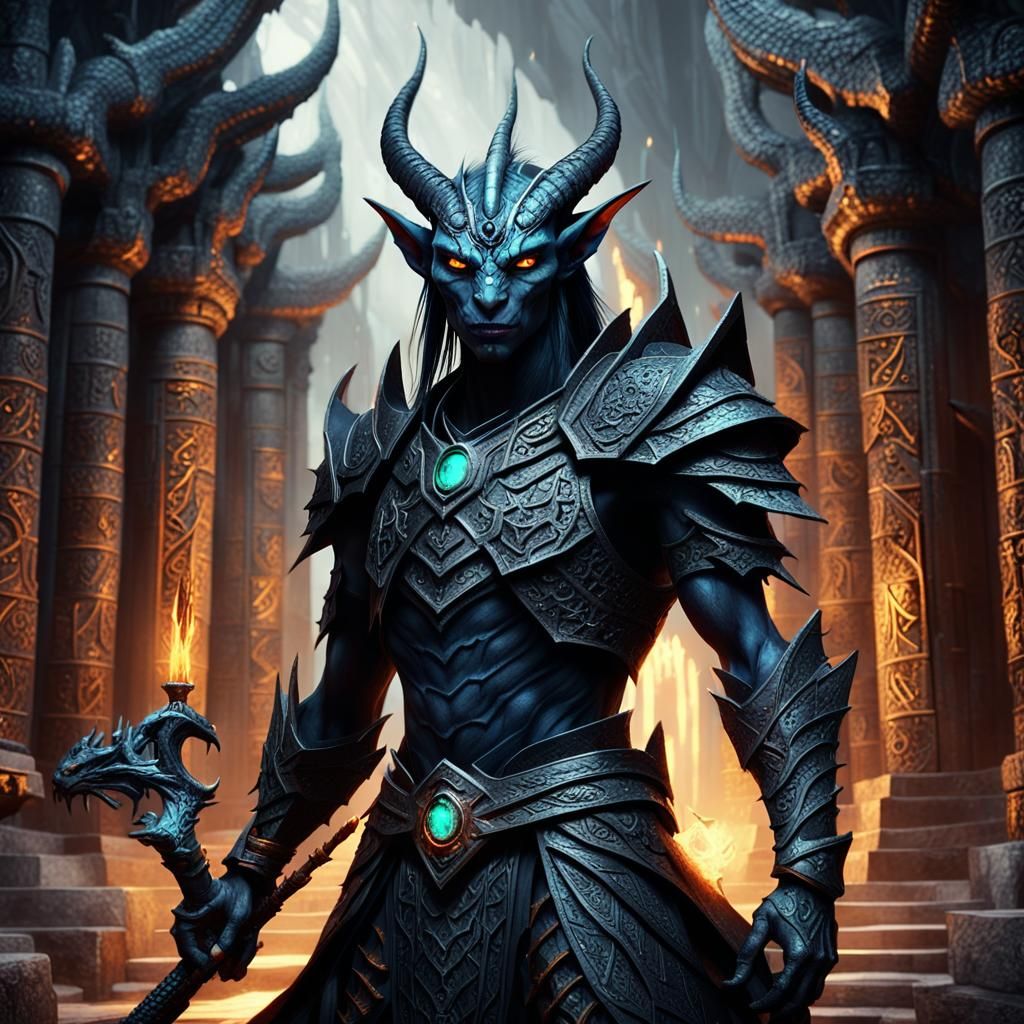 Dark Elf-Dragon Hybrid in Ancient Temple