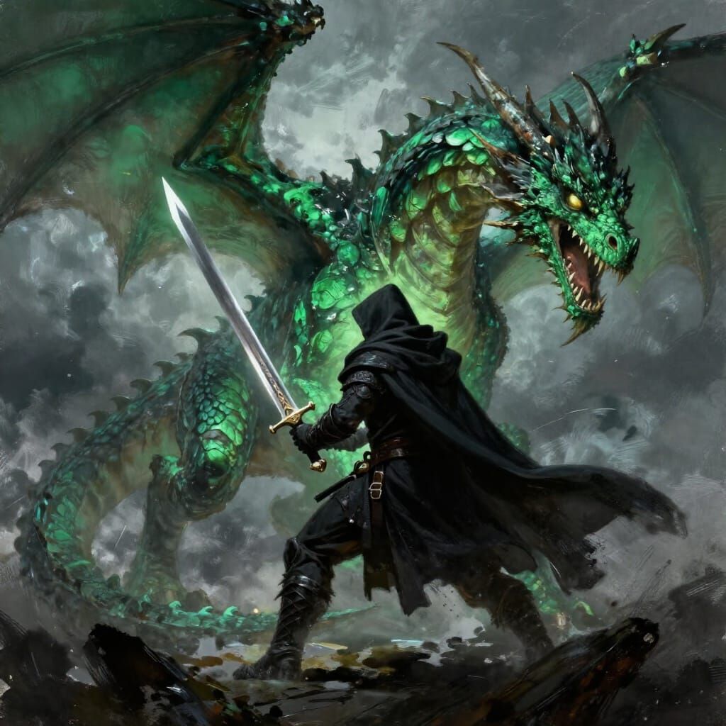 Dragon Hunter Battles Emerald Dragon in Stormy Fantasy Art