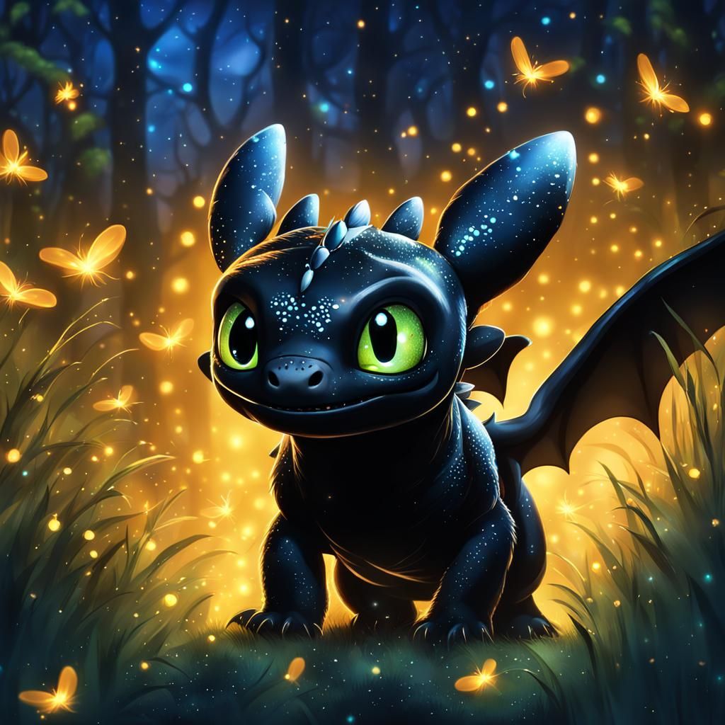 Adorable Toothless in a Magical Firefly Night