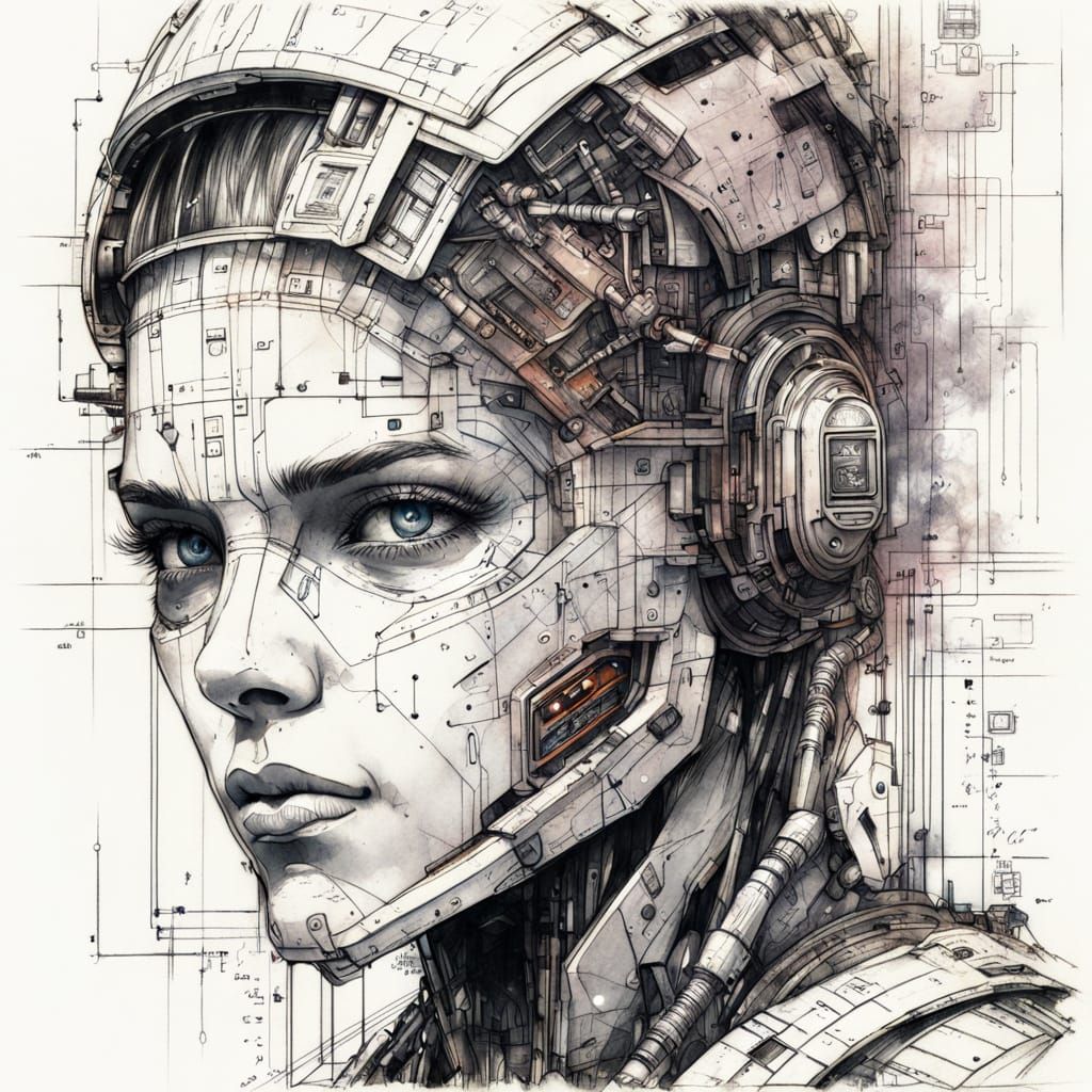 Futuristic Cyborg Schematic in Rough Style