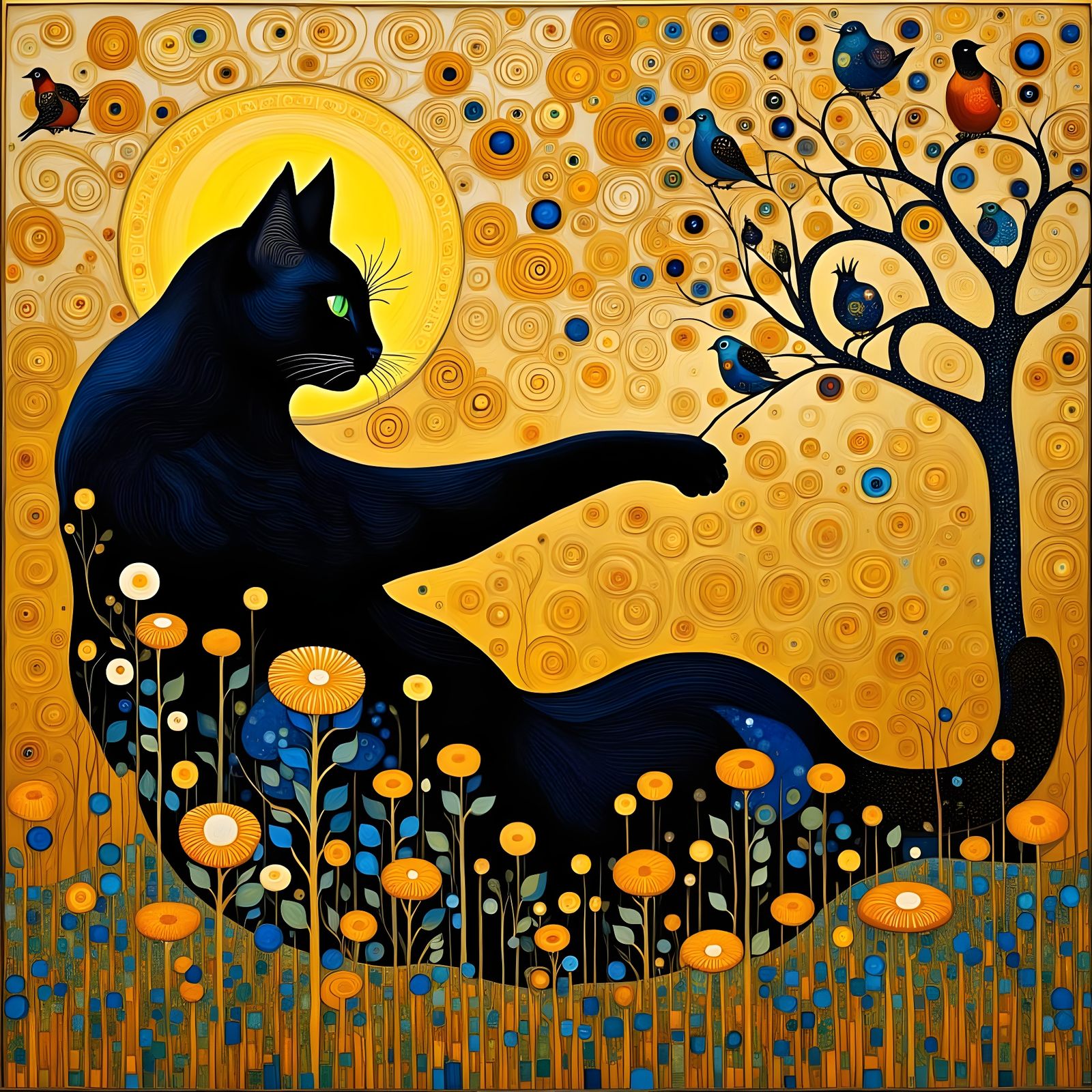 Black Cat in Garden, Klimt-Inspired Painting