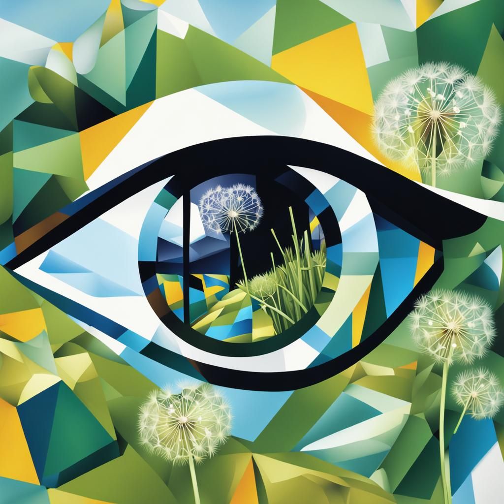 Cow's Eye Reflecting Dandelions in Cubist Style
