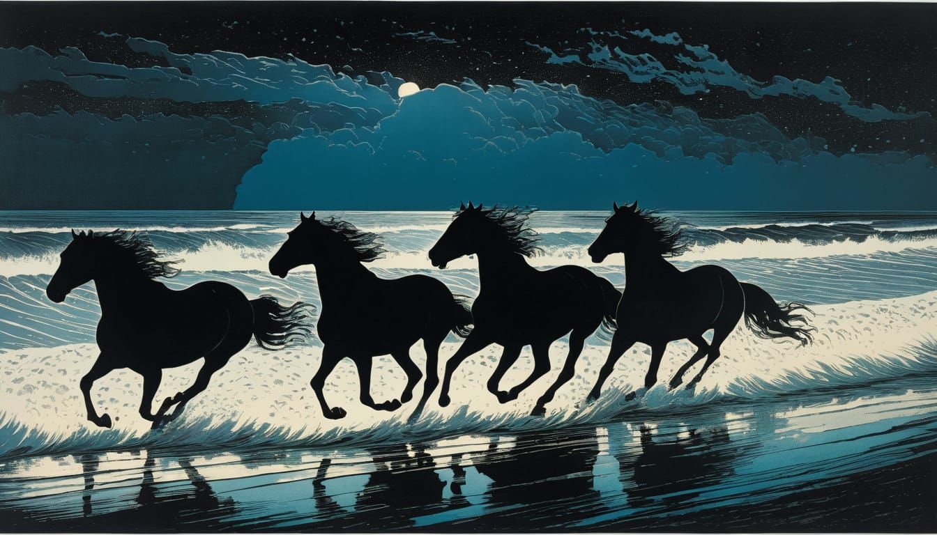 Horses Charging Across a Storm-Worn Beach