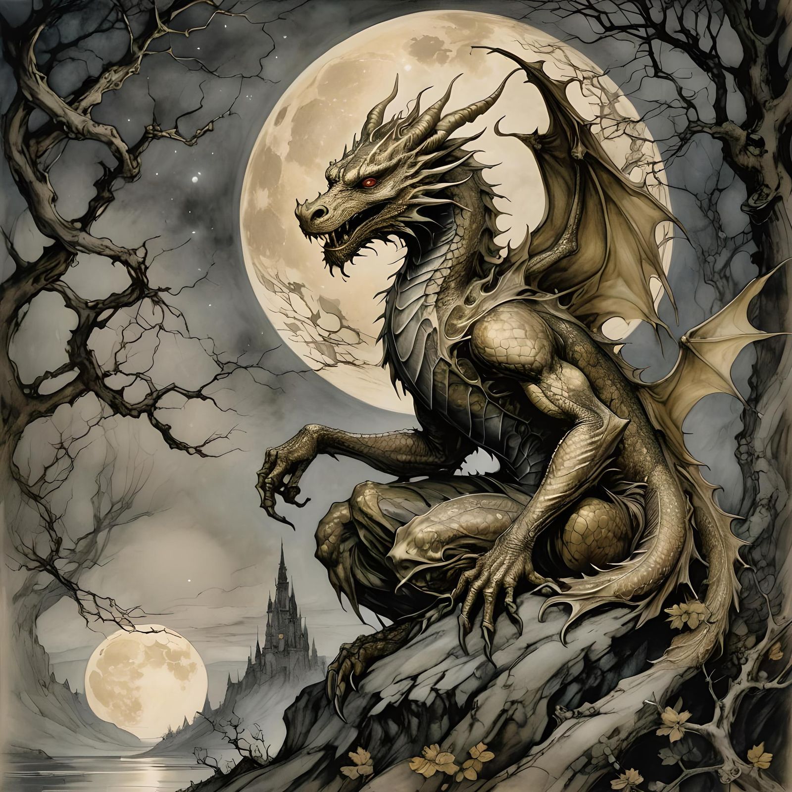 Golden Dragon Under Moon, Rackham-Froud Style