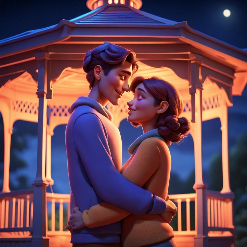 Romantic Embrace in Moonlit Gazebo: 3D Digital Art