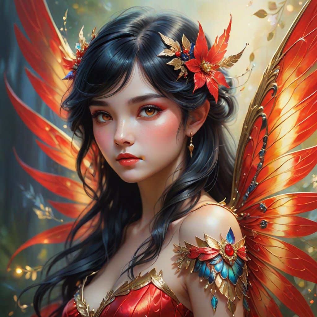 Vibrant Fairy with Red Wings in Oil Painting Style