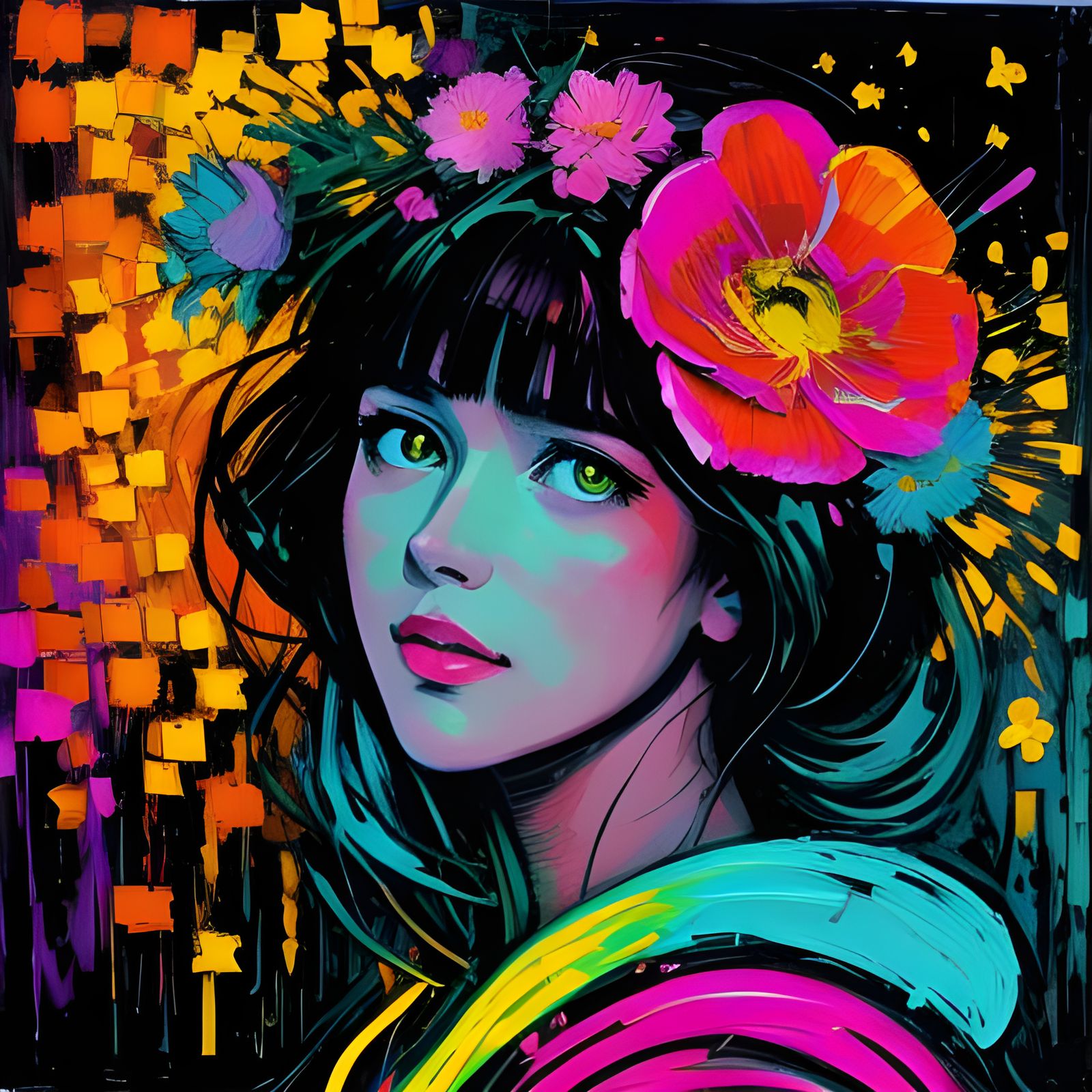 Neon Spring Flowers in Impasto Blacklight Style