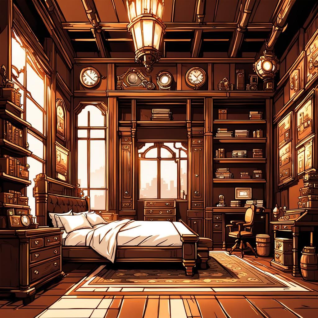 8-bit Pixel Steampunk Bedroom in Anime Style
