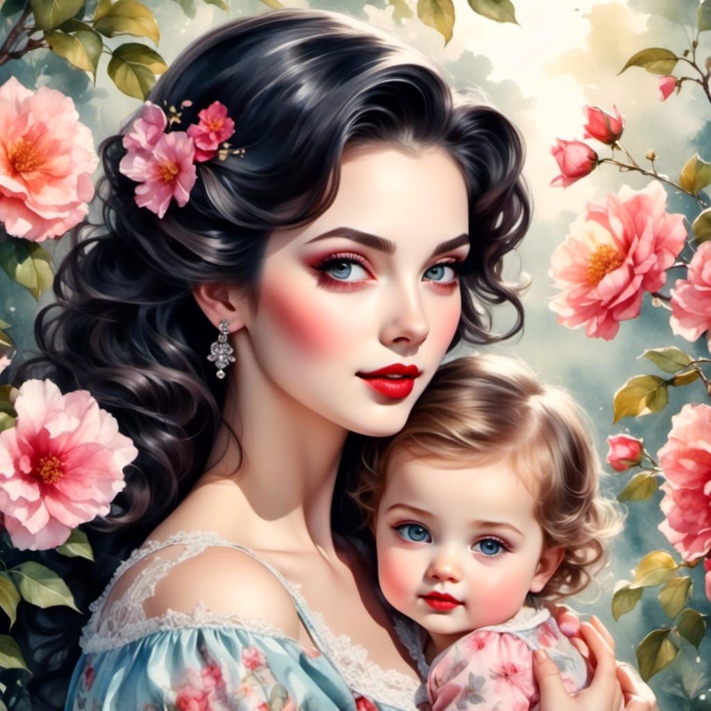 Mother and Baby Girl in Garden, Watercolor Style