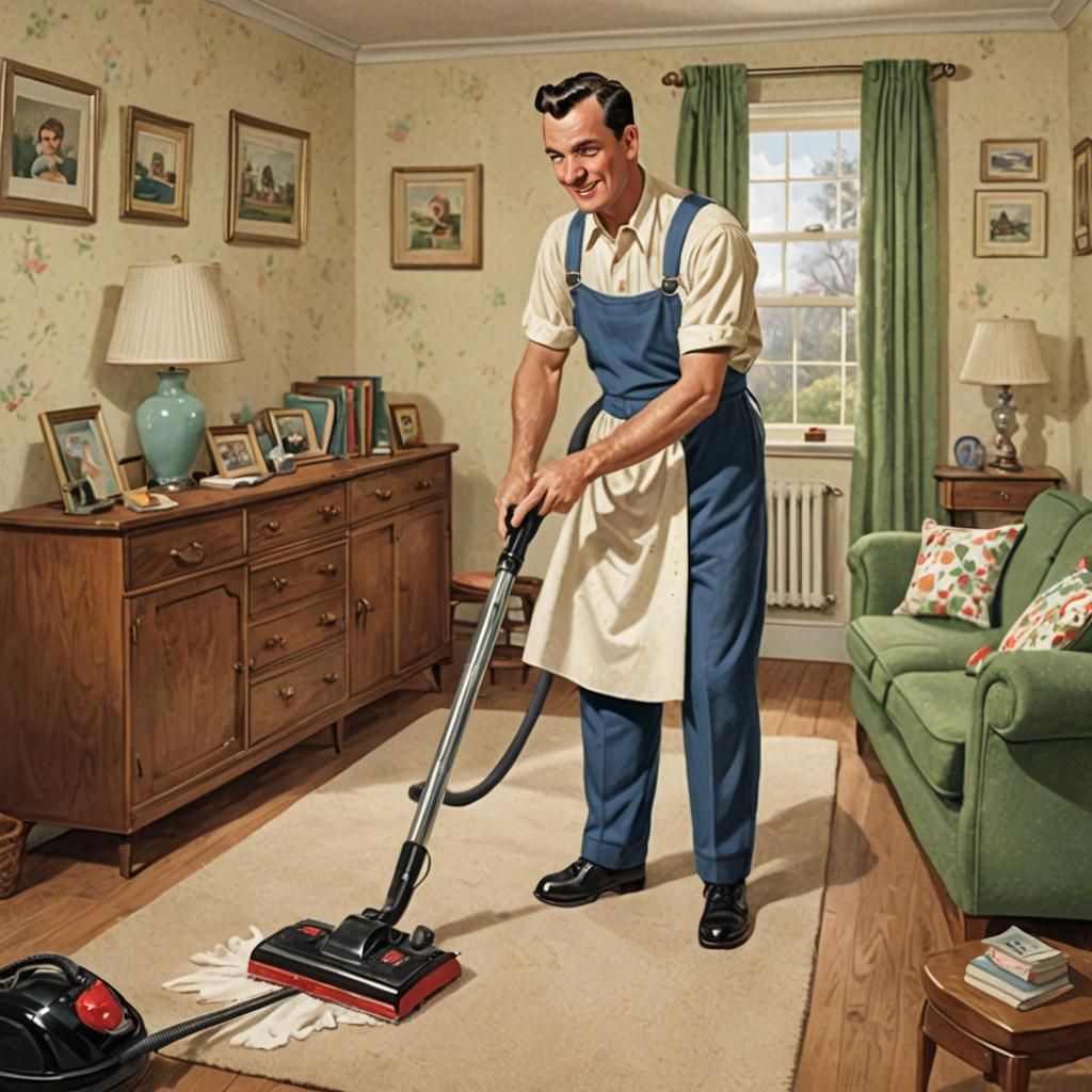 Man as Housewife Vacuuming: 1950s Storybook Illustration