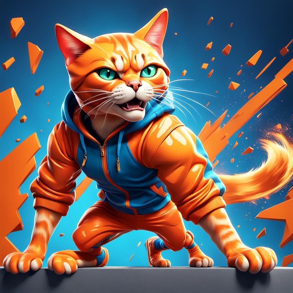 A vibrant and stylized 3D rendering of an orange cat, imbued with human characteristics, in an action hero pose. The cat...
