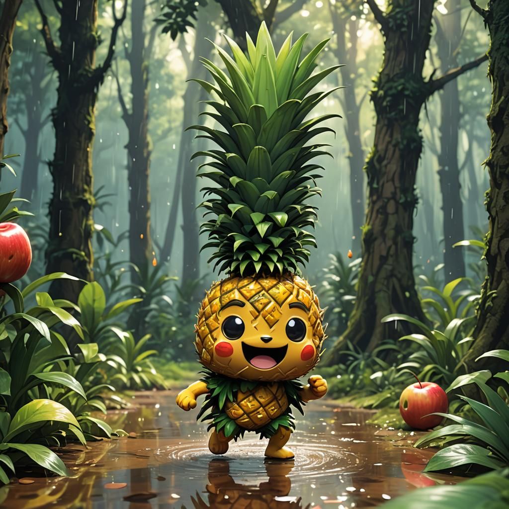 Dancing Chibi Pineapple and Apple in Ghibli Style