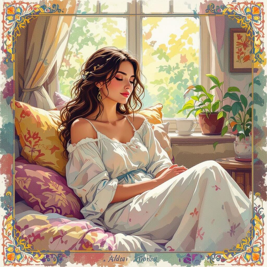 Woman Recovering in Cozy Room, Mucha Style