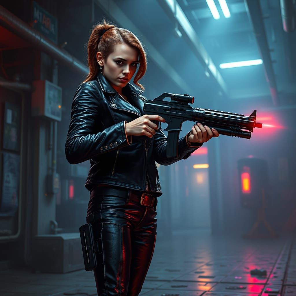 Scarlett in Gritty Cyberpunk Scene with Blaster