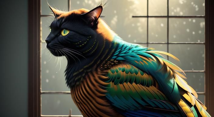 Cat and Pheasant Oil Painting in Sunlight