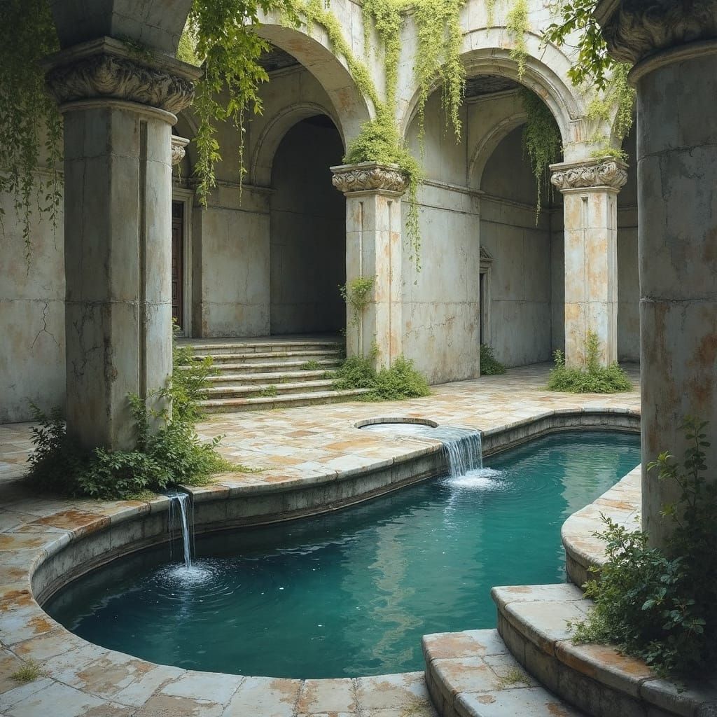 Abandoned Marble Hall with Cascading Pools in Impressionist ...