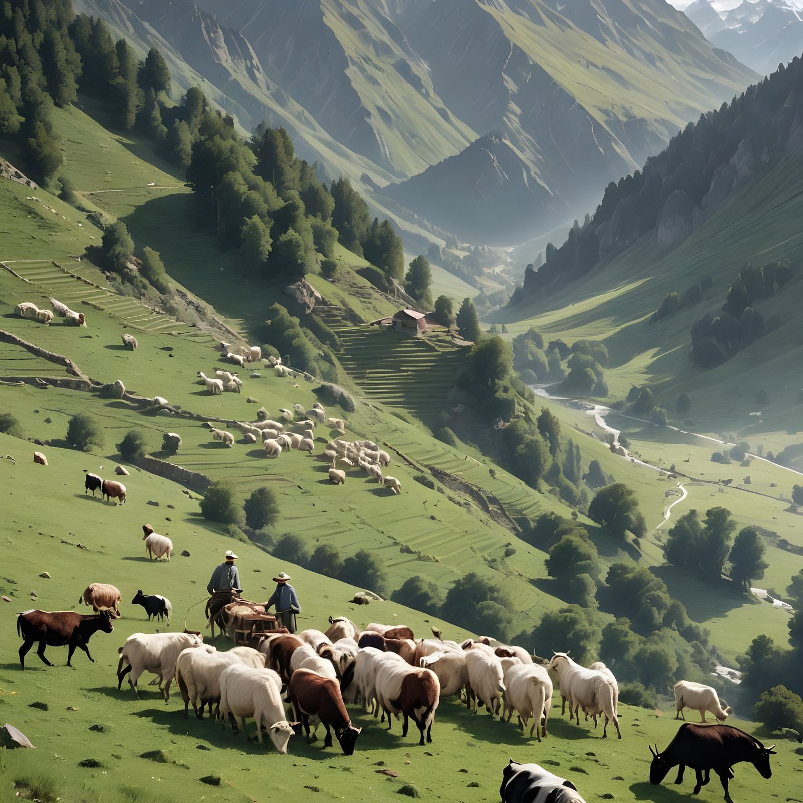 Peaceful Mountain Morning: Man Herding Animals