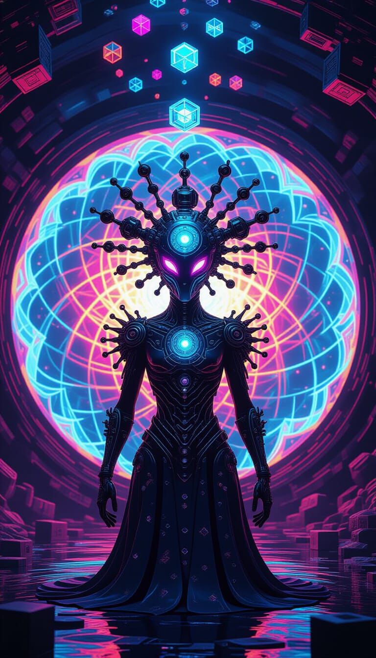 Psychedelic Multi-Eyed Entity Before a Portal