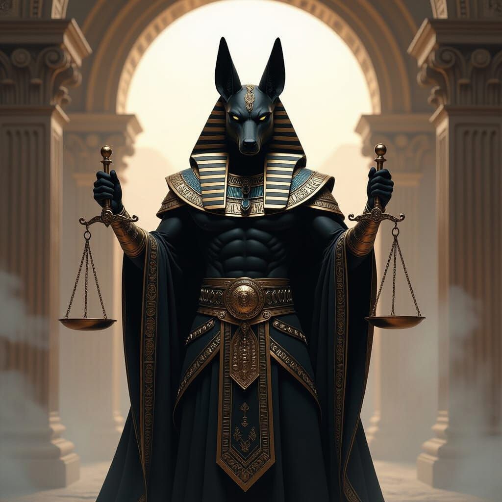 Anubis in Ornate Leather Robes Holding Scales