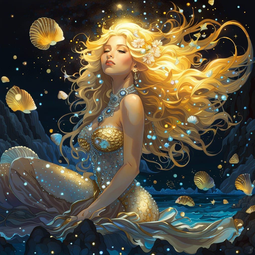 Celestial Mermaid Singing on Bioluminescent Shore