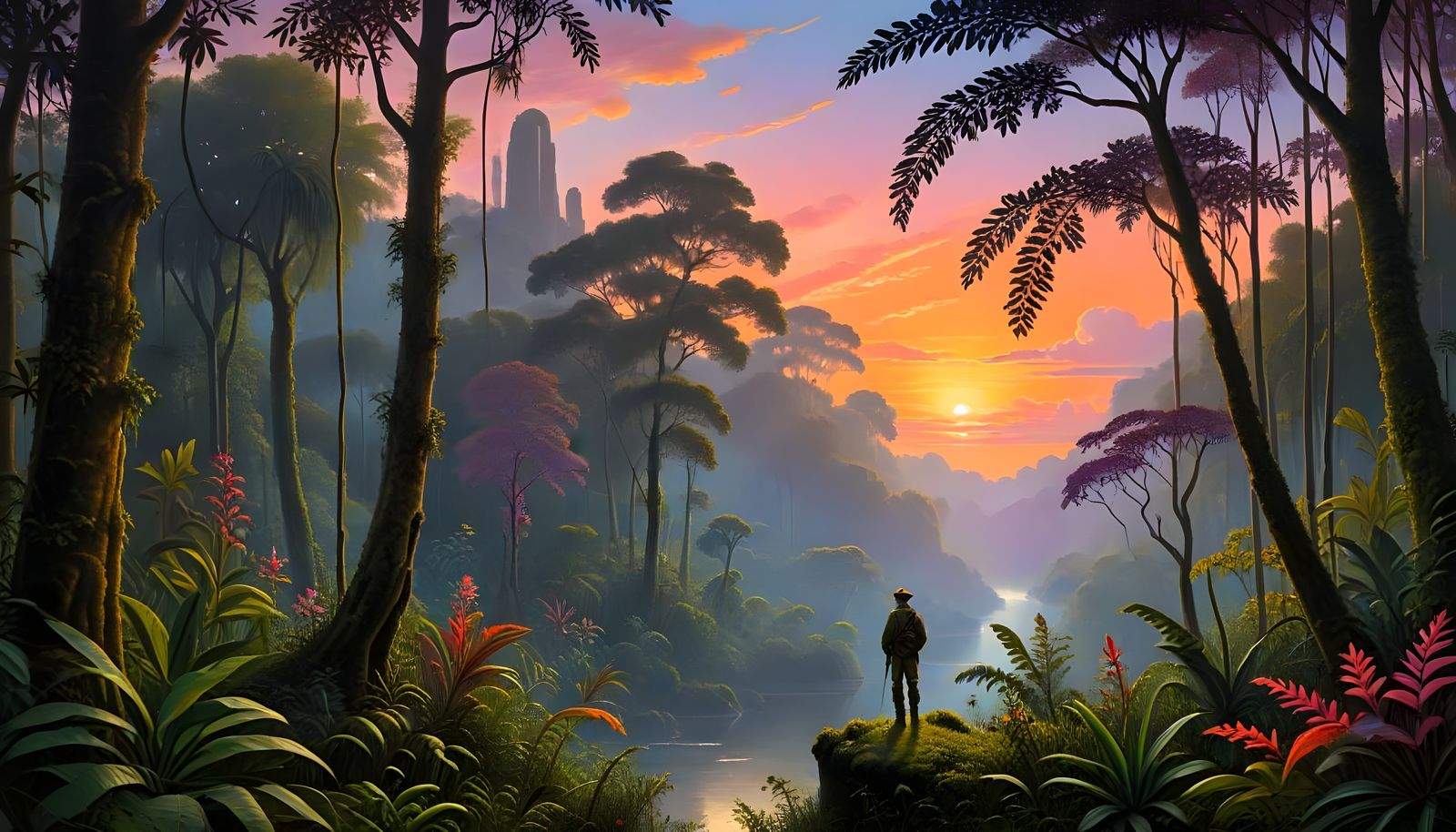 Surreal Rainforest Sunset in Vibrant Colors