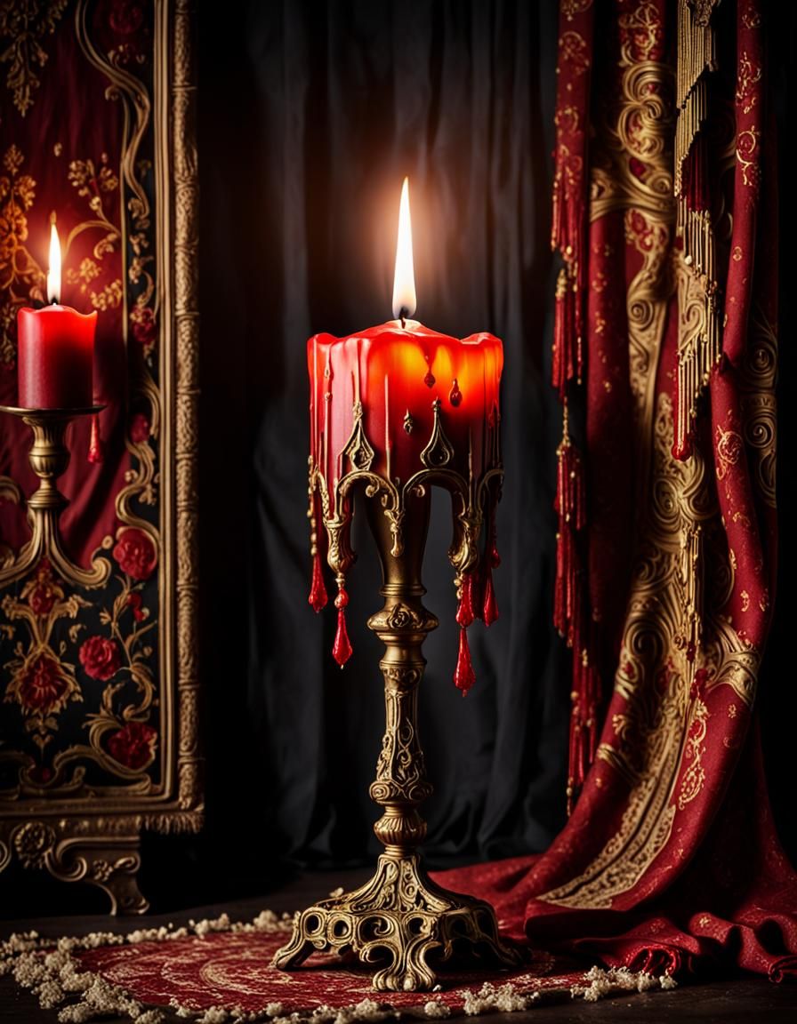 Dramatic Candle in Dark Room with Tapestry