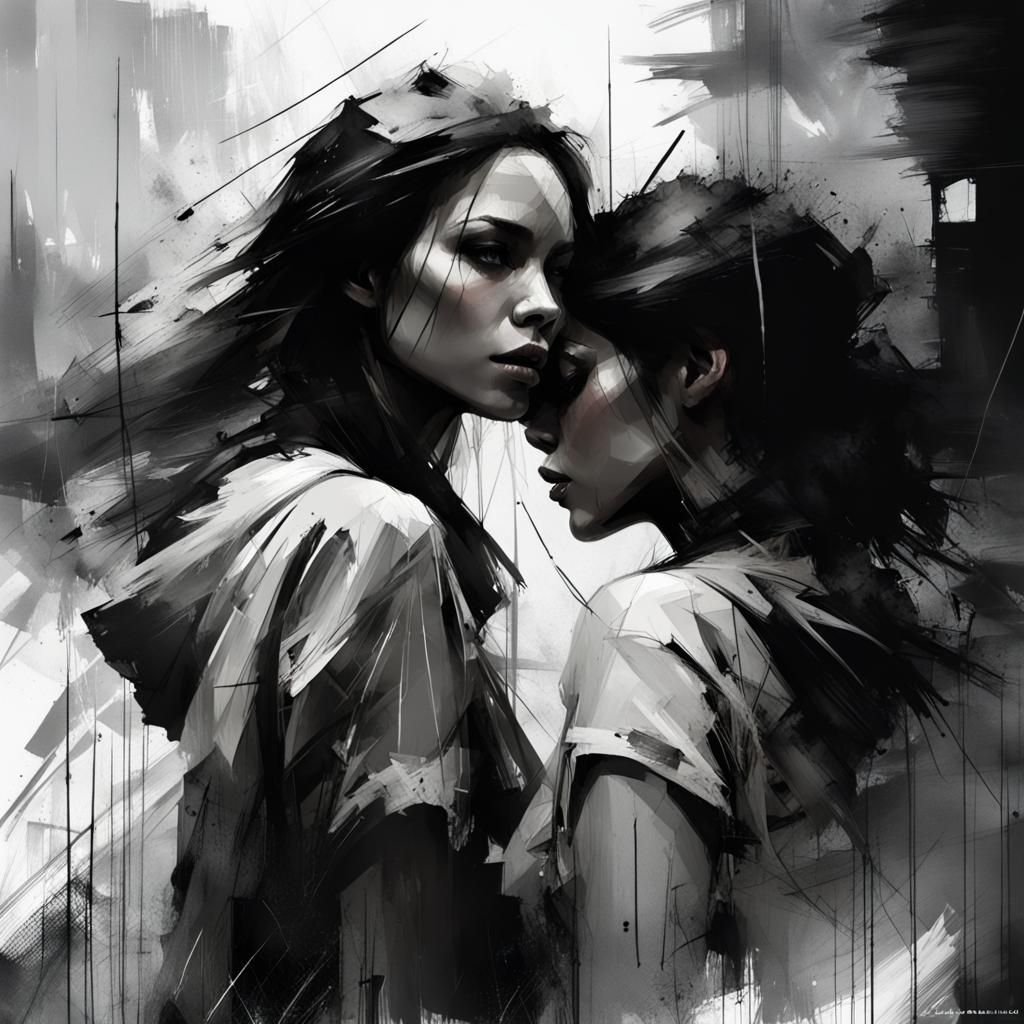Black and White Drawing of Two Women's Faces