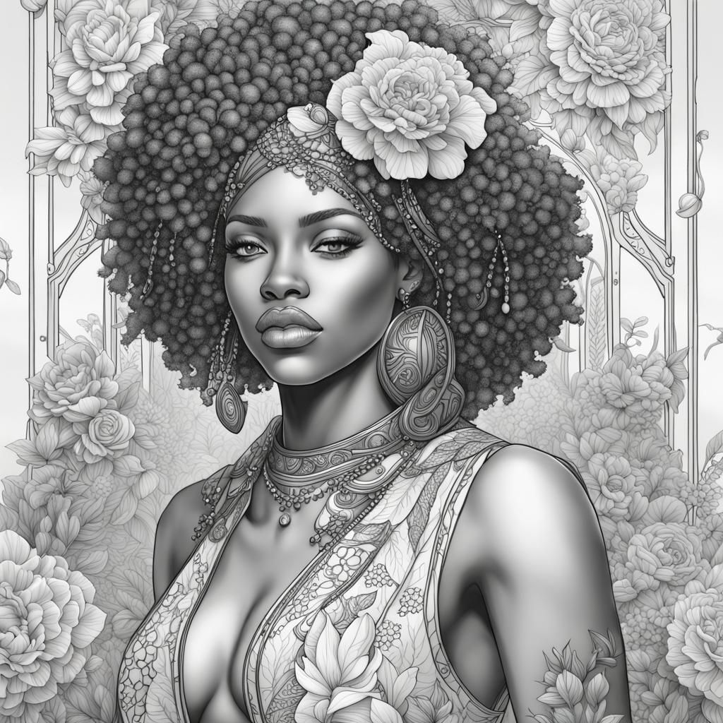 African American Floral Woman Line Art Coloring Page