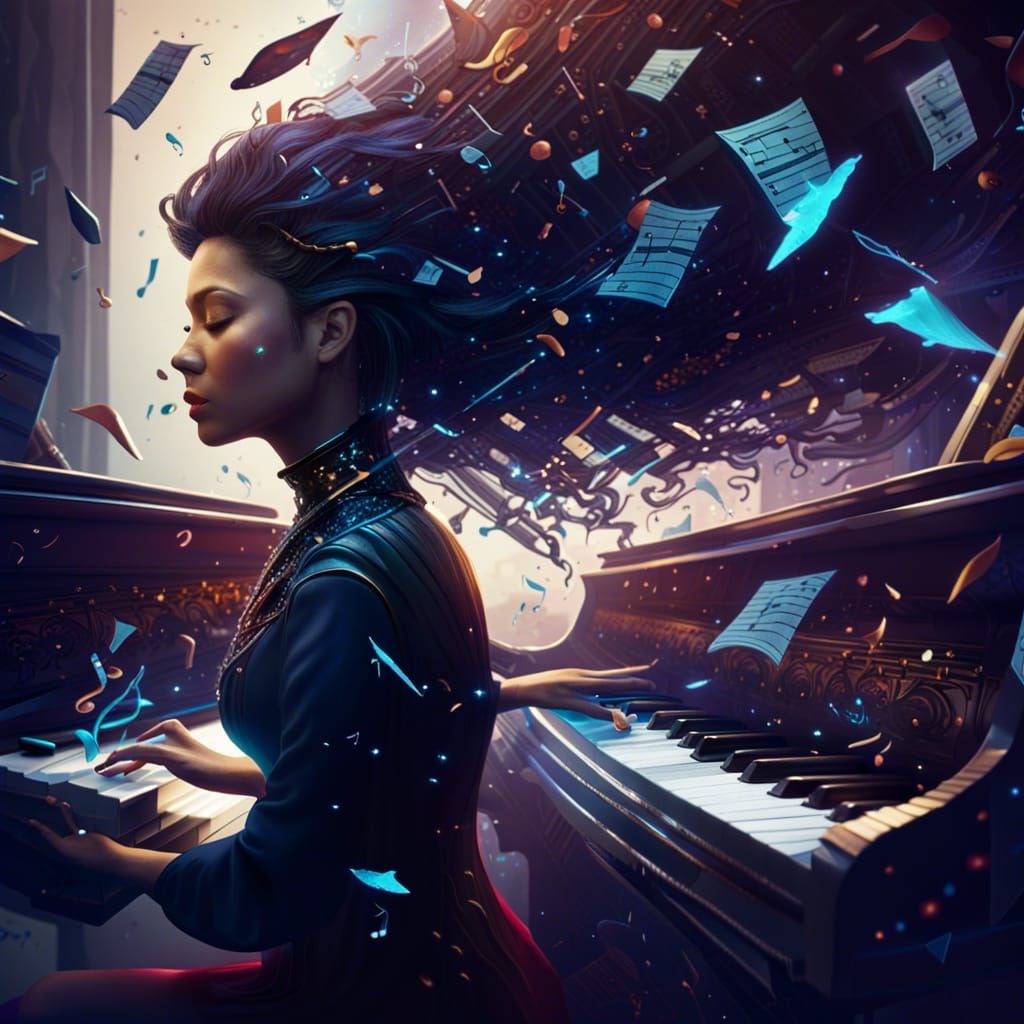 Woman Playing Piano in Detailed Matte Painting