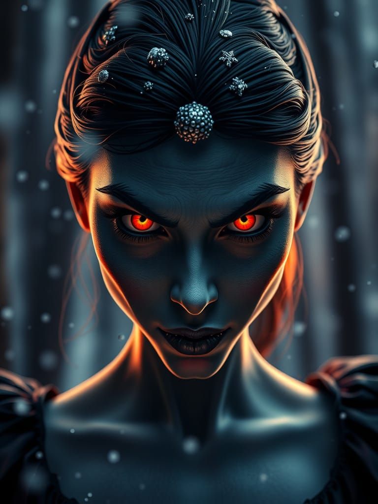Evil Belle in Snowy Forest Hyperrealistic Style