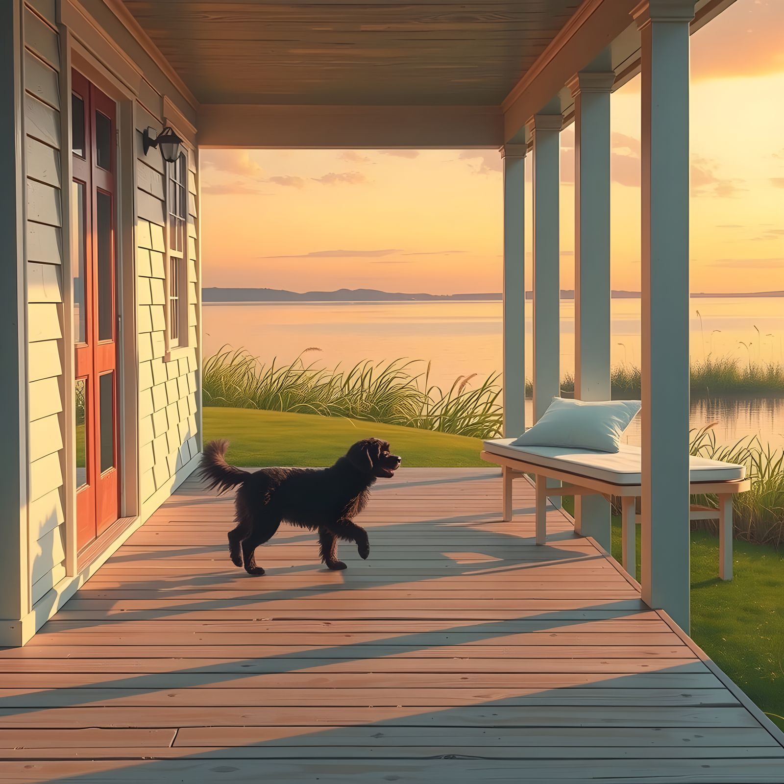 Serene Lakeside Scene with a Black Dog Walking