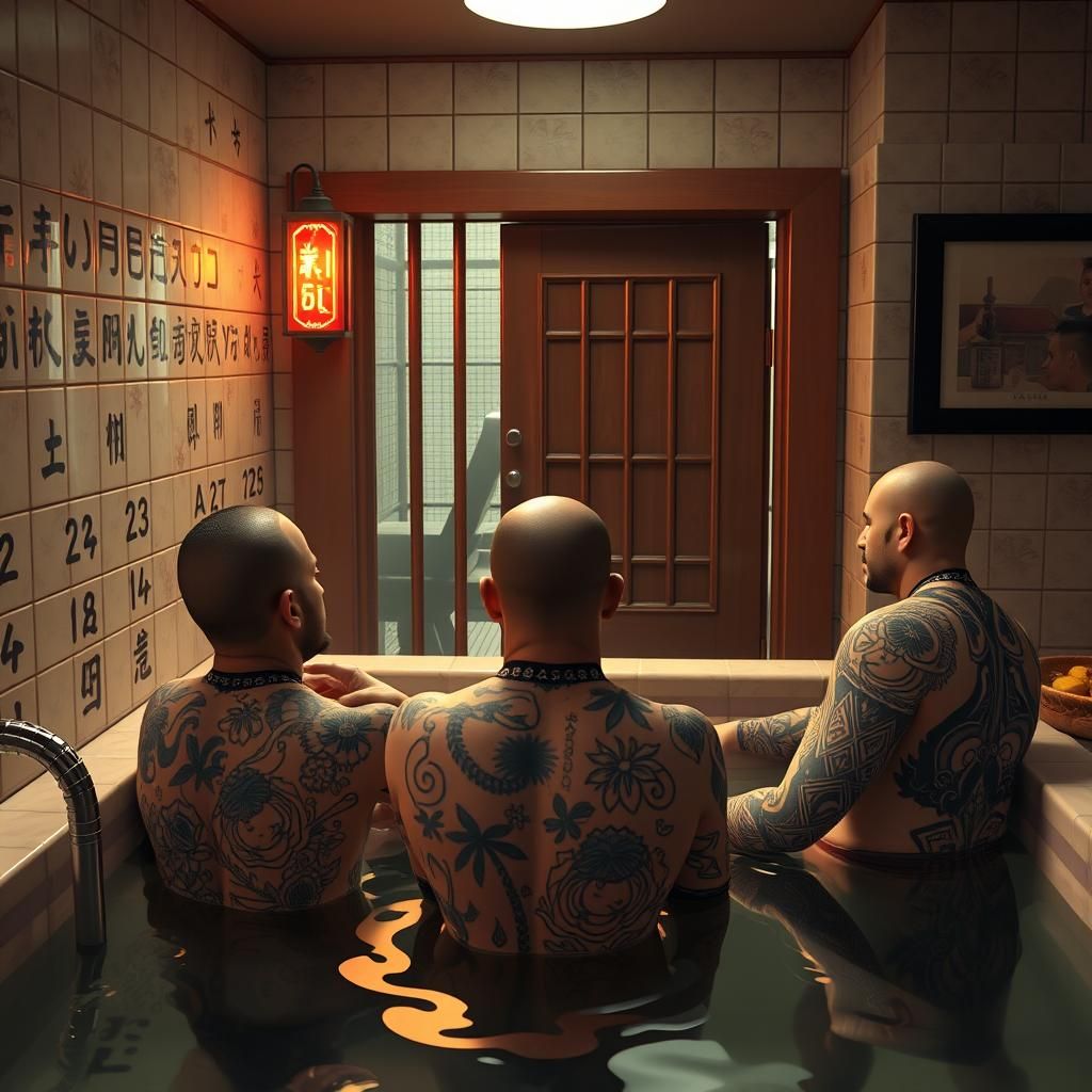 Yakuza tattoo men in bathhouse bathing while the FBI breaks in through the door to arrest them By artist "anime", 3d ani...