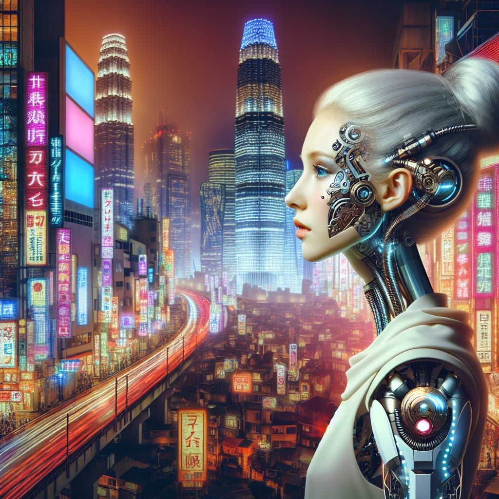 Cyberpunk Woman with Robotic Enhancements in Neon Cityscape