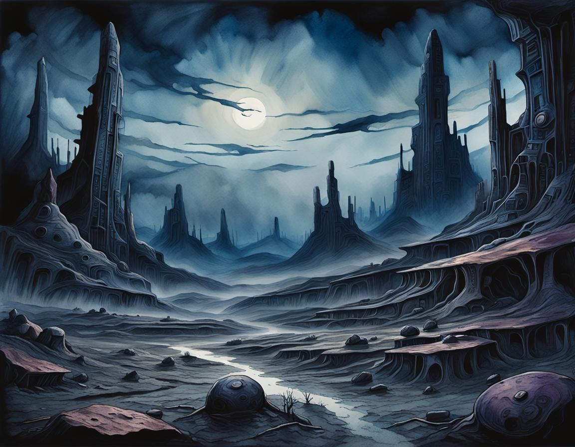 Eerie Biomechanical Alien Landscape in Watercolor Style