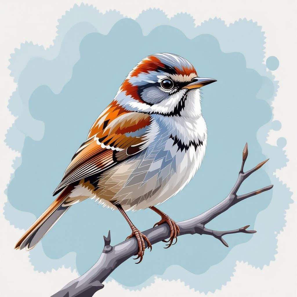 Wren on Branch with Watercolor and Fractal Details