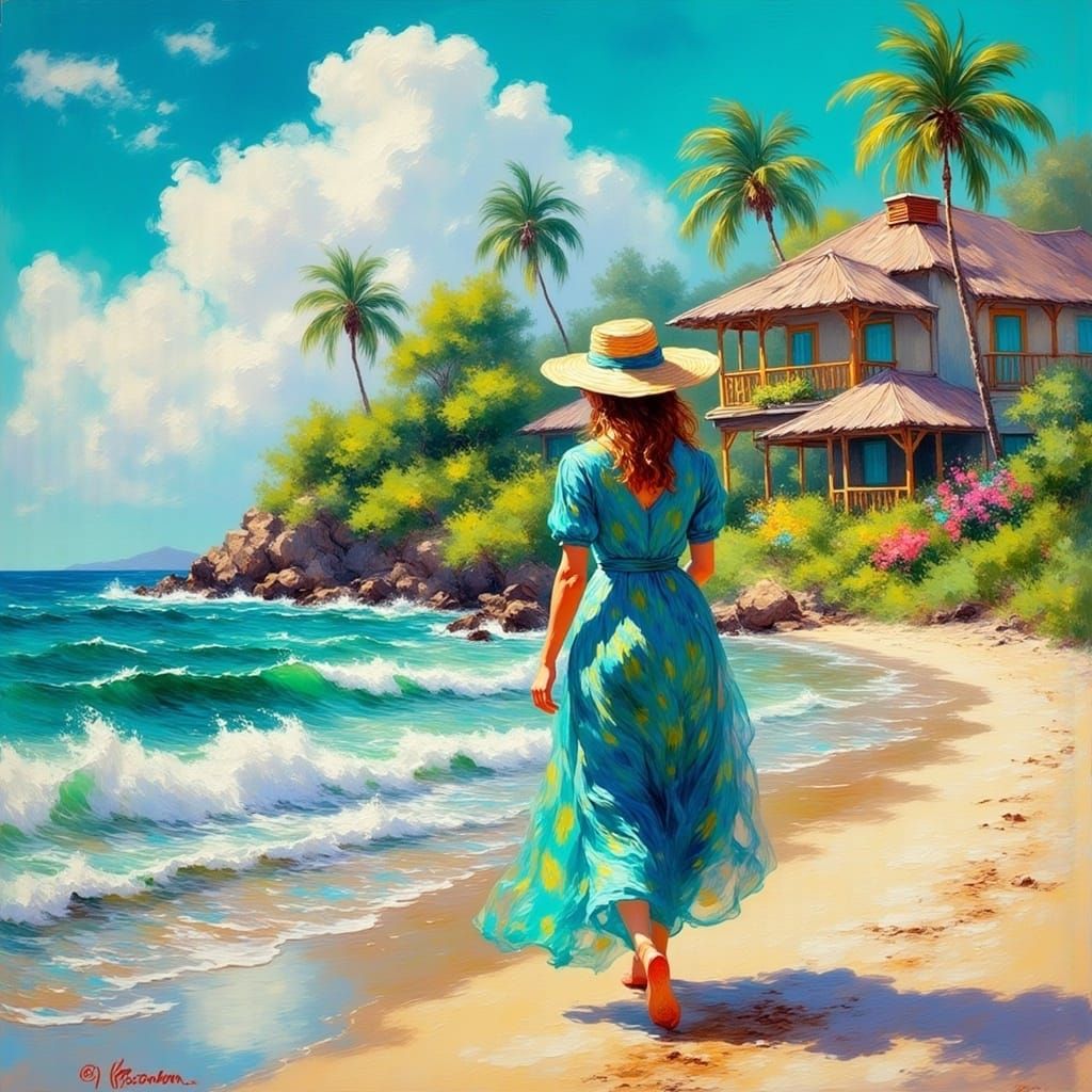 Woman on Tropical Beach in Gouache Style