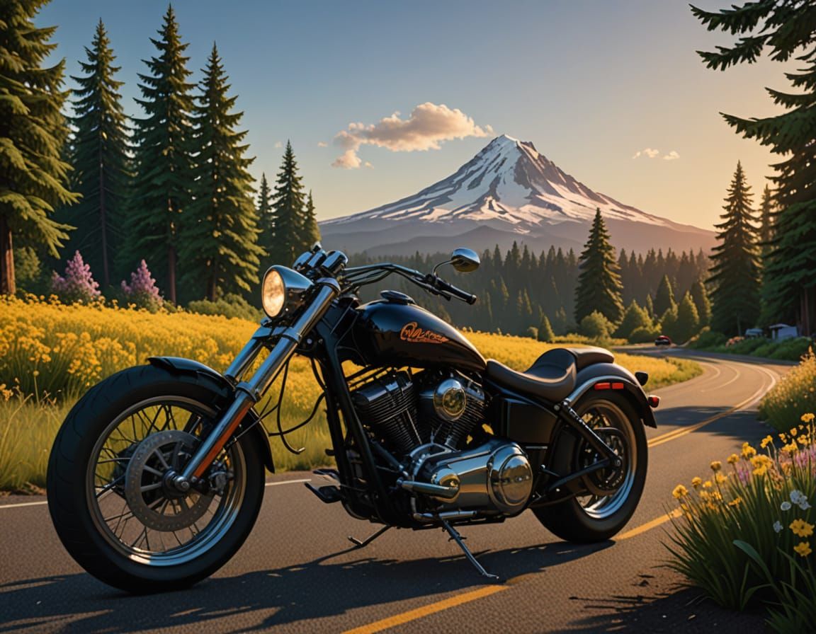 Custom Chopper Bikers on Country Road Near Mt. Hood