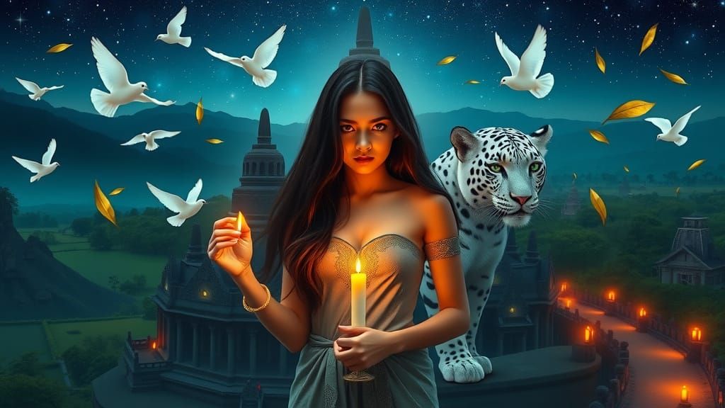 Serene Woman at Borobudur Temple Under Starry Night Sky