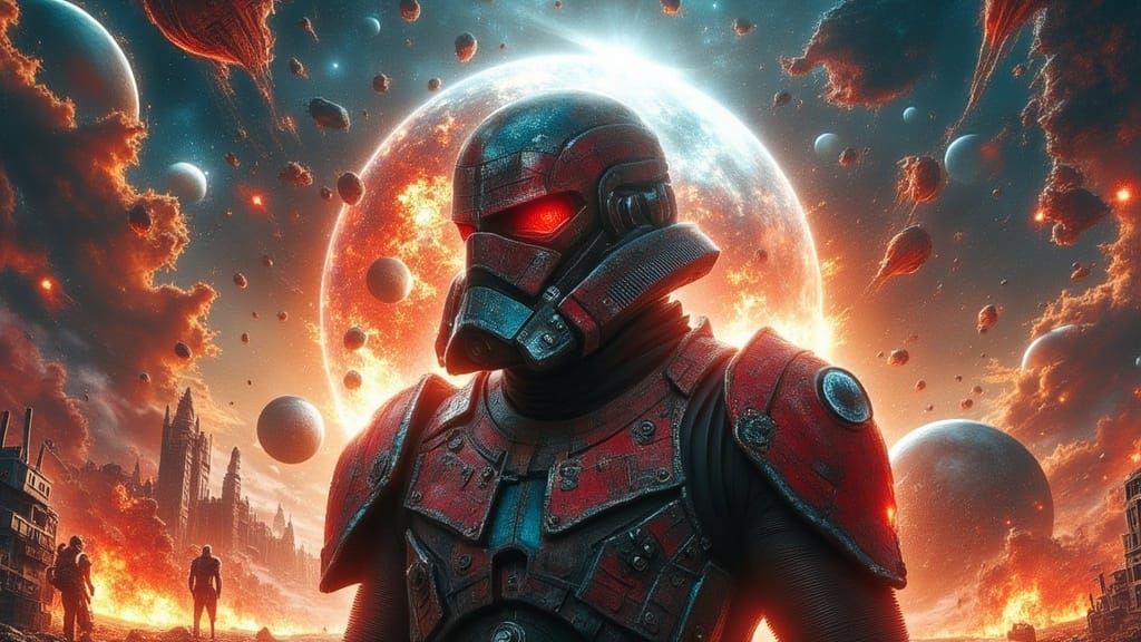 Cyberpunk Sith Lord Amidst Galactic Ruin