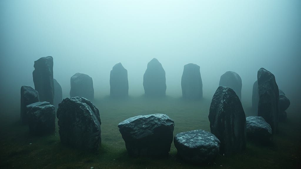 Mystical Druid Stone Circle in Misty Landscape