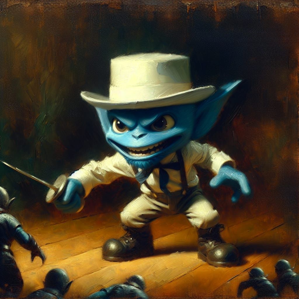 Blue Creature in Combat: A Sinister Oil Painting