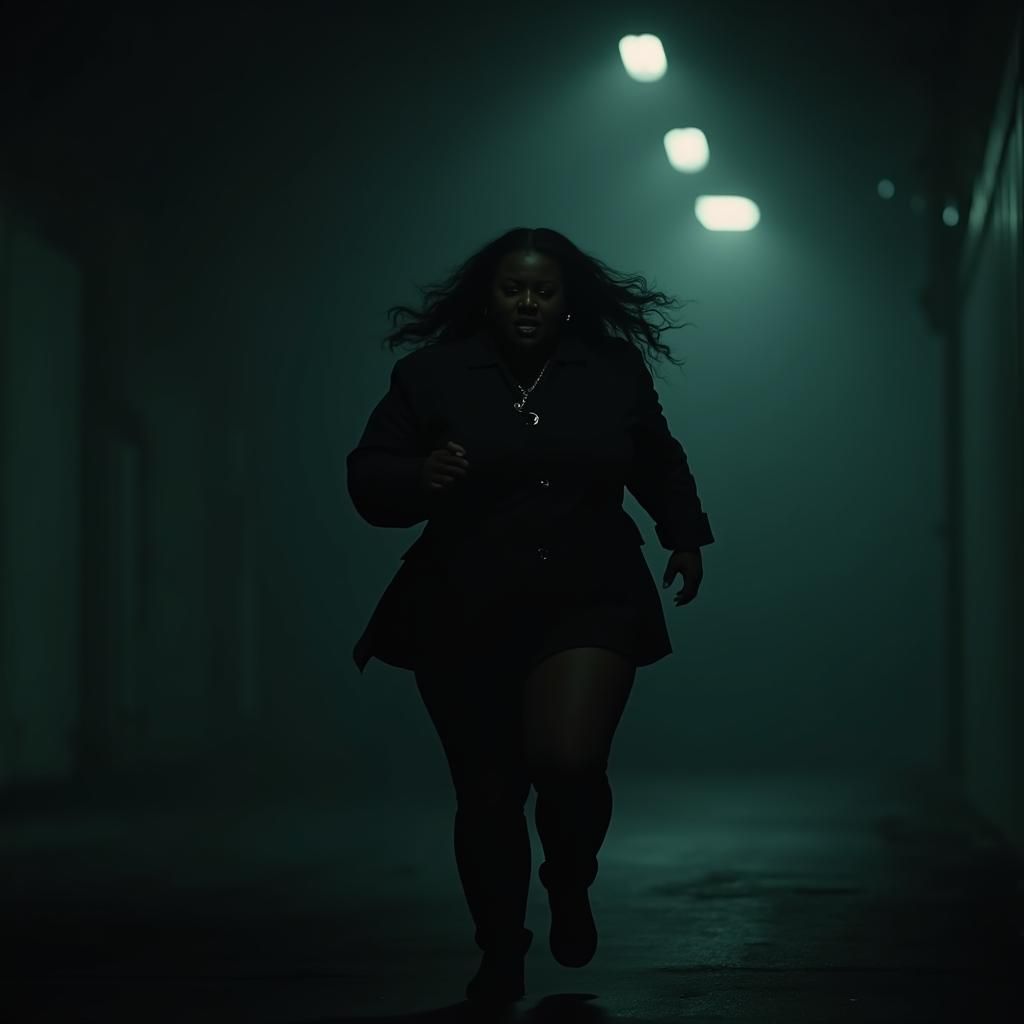 Cinematic Film Still: Woman Running in the Dark