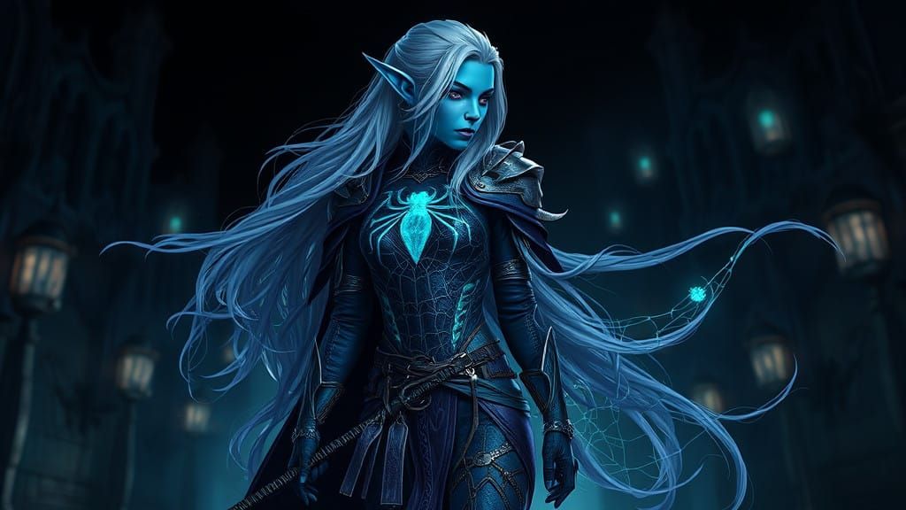 Mystical Dark Elf in Azure Spider Web Cloak