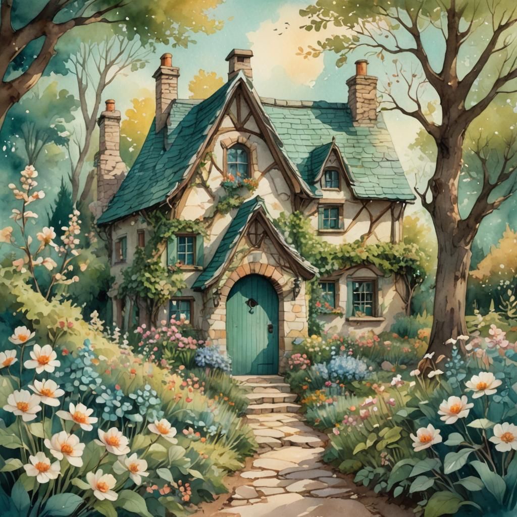 Charming Cottage in Blooming Garden: Watercolor Illustration
