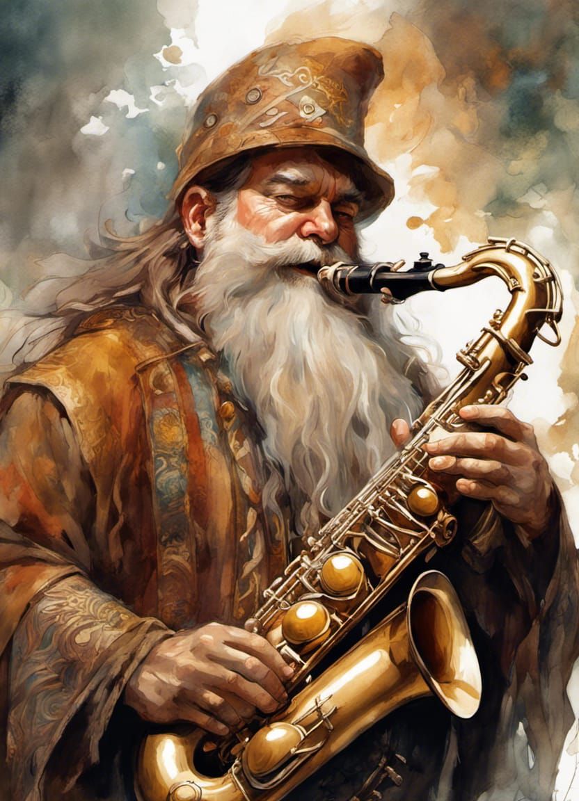 Gimli Plays Saxophone in Digital Illustration