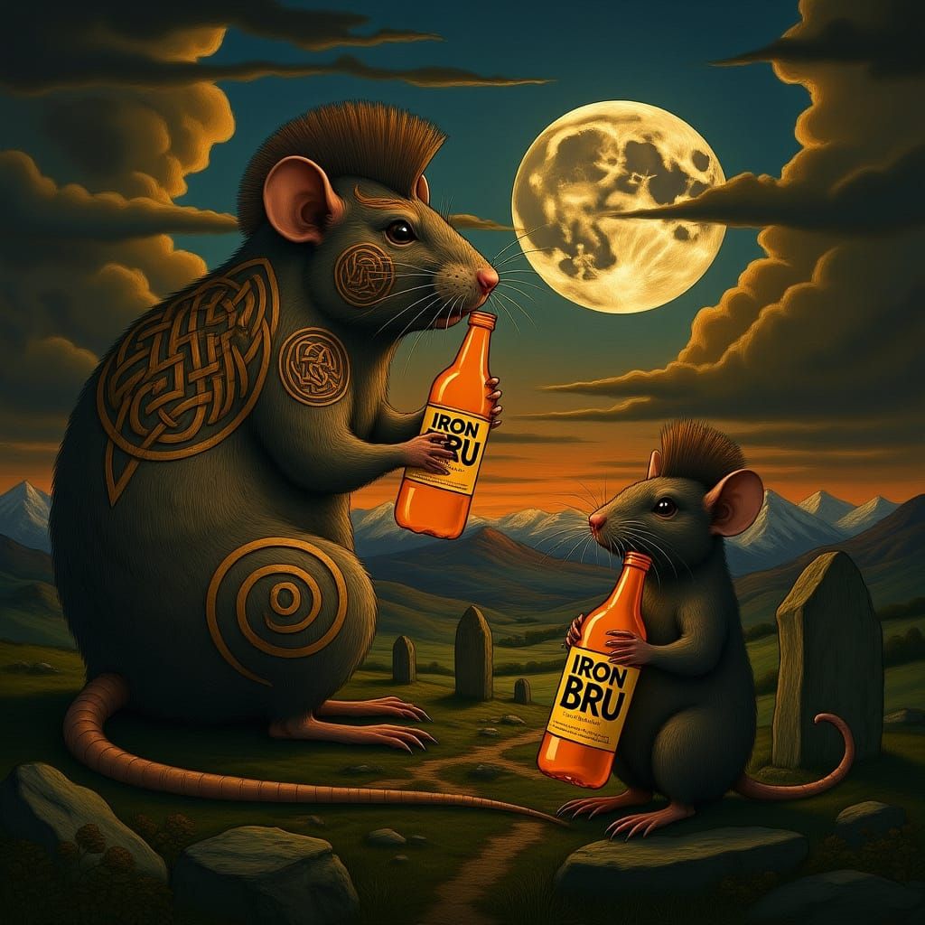 Celtic Rat and Mohawk Mouse Drink Iron Bru Under Harvest Moo...