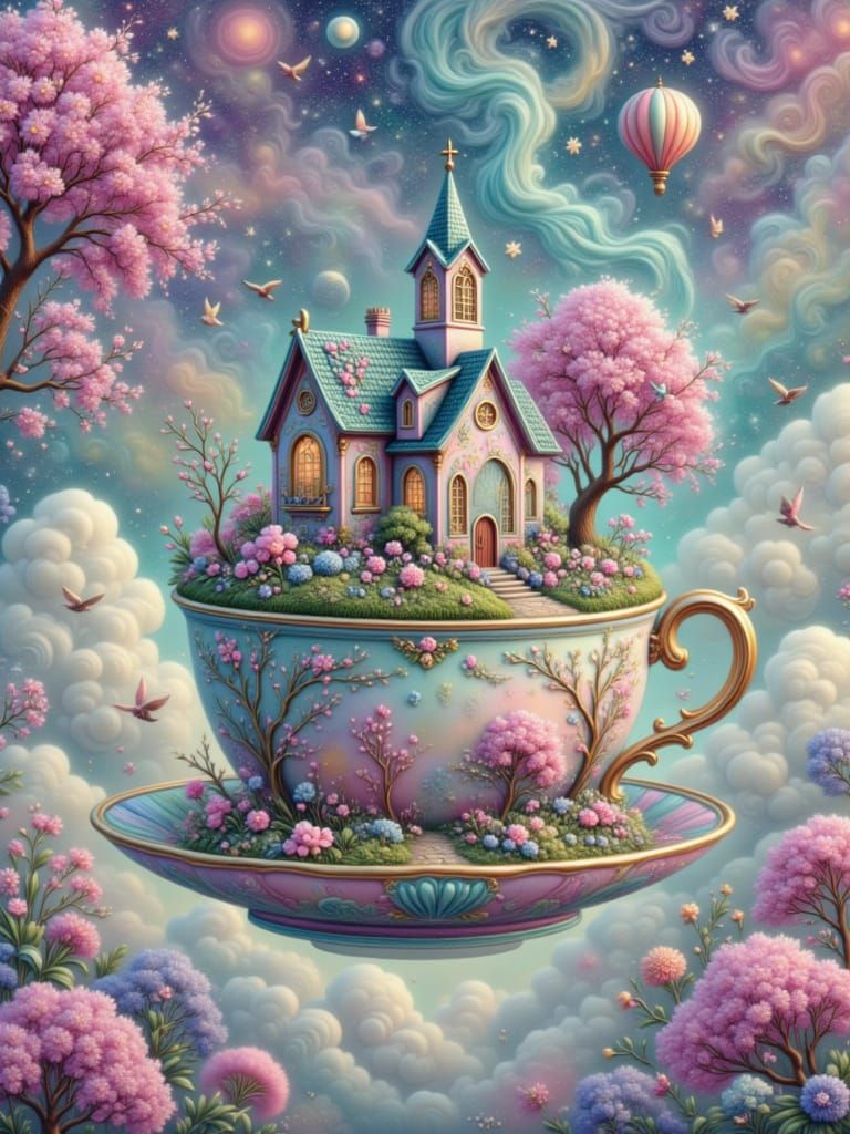 Surreal Teacup Cottage Floating in Pastel Galaxy
